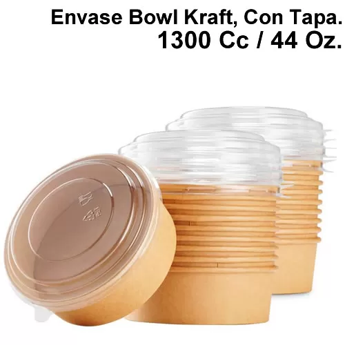 Envase Bowl Kraft 1300 Cc O 44 Oz Con Tapa