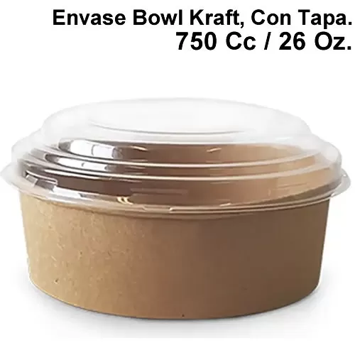 Envase Bowl Kraft 750 Cc O 26 Oz Con Tapa